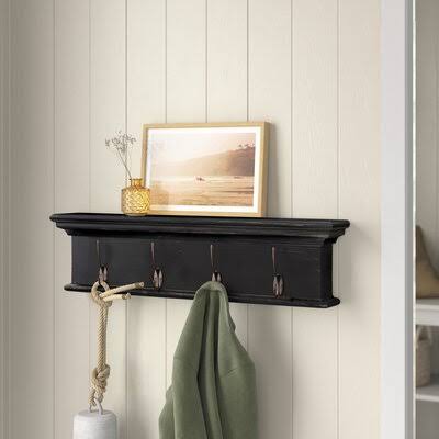 Solid Wood 4 Hook Wall Mounted Coat Rack Black White Z135497