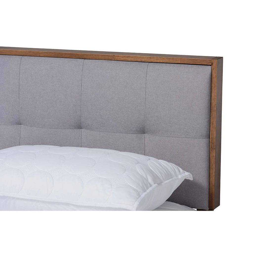 Light Grey Fabric Upholstered Walnut Brown Wood Queen Size Platform Bed B95644