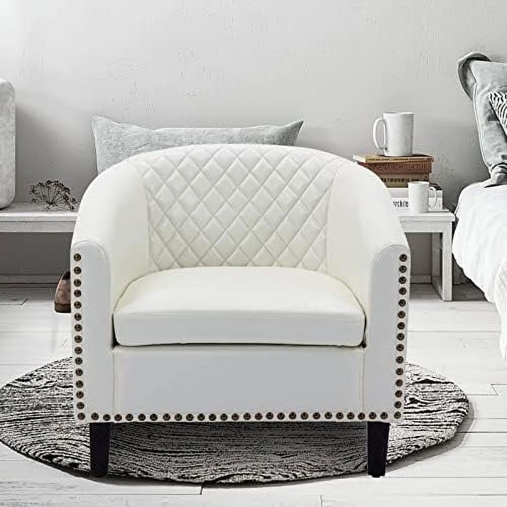 White Faux Leather Barrel Club Chair with Solid Wood Legs Q8621