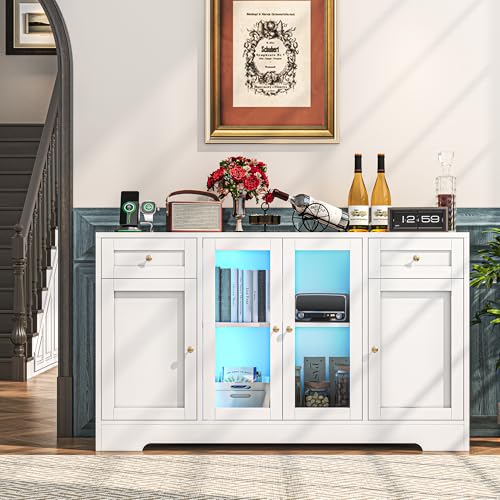 55'' Wood Coffee Bar Cabinet with 4 Doors and Charging Station L595