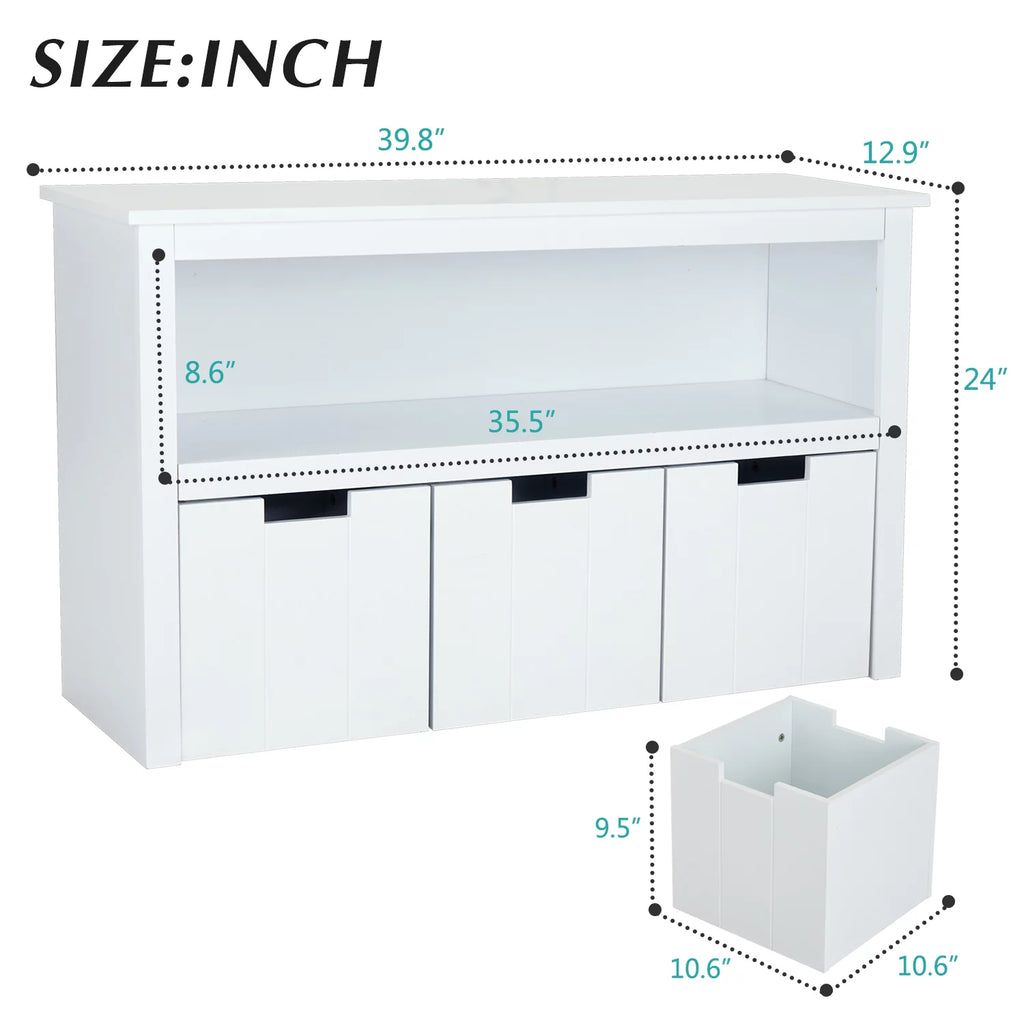 White Storage Cabinet with 3 Rolling Box Cubes and Large Shelf O9300