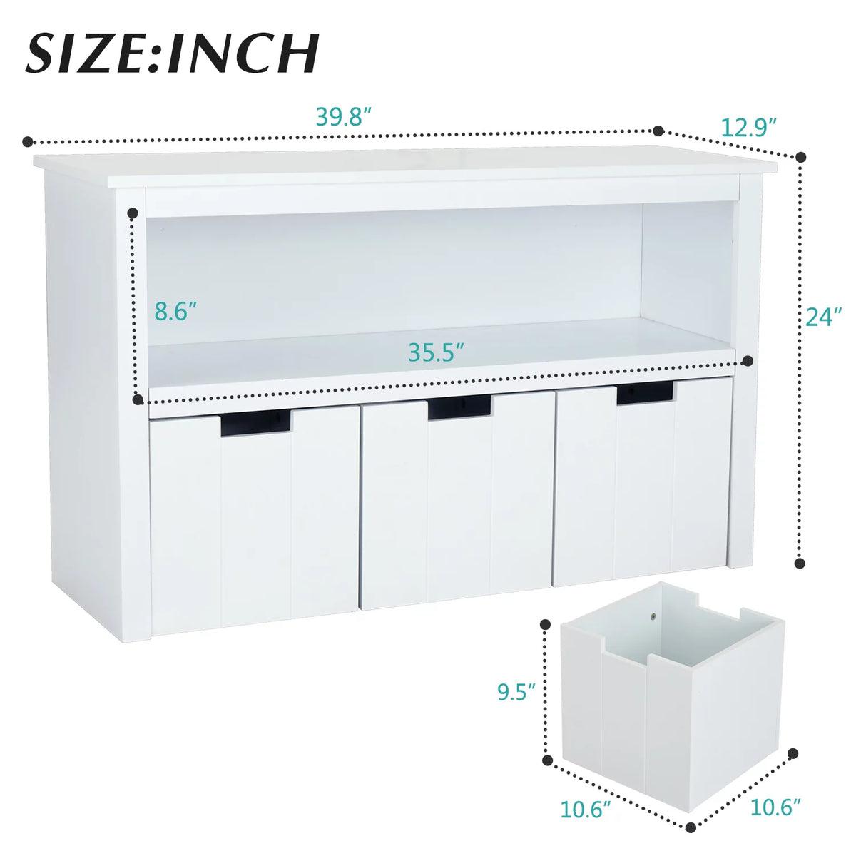 White Storage Cabinet with 3 Rolling Box Cubes and Large Shelf O9300